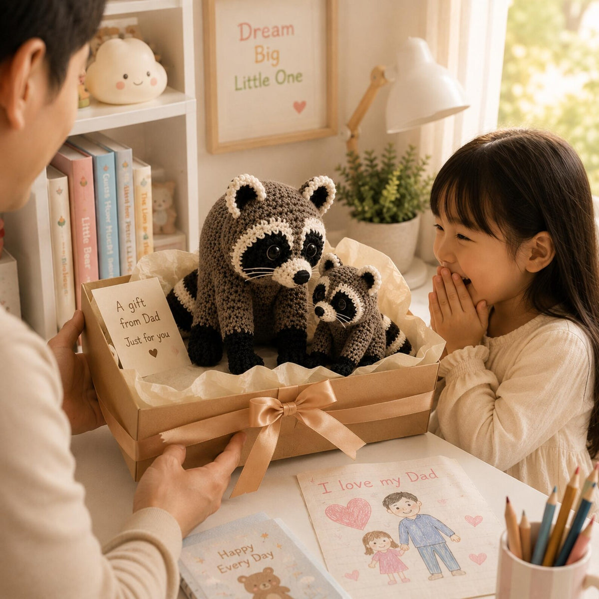 Crochet Raccoon Dad & Baby, Handmade Amigurumi Raccoon Family, Woodland Animal Decor, Father's Day Gift, Cute Desk Ornament
