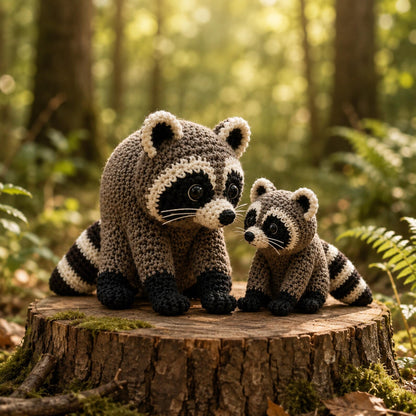 Crochet Raccoon Dad & Baby, Handmade Amigurumi Raccoon Family, Woodland Animal Decor, Father's Day Gift, Cute Desk Ornament