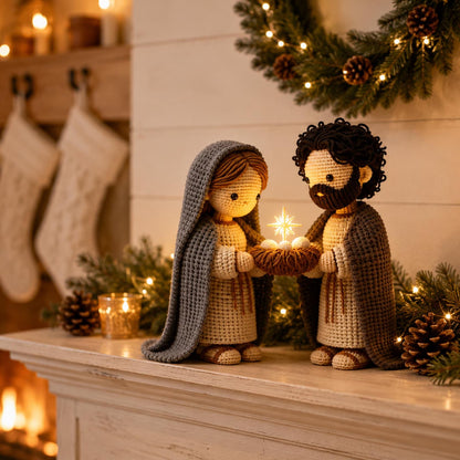 Christmas Crochet Set, Handmade Holy Family, Christmas Nativity Scene, Catholic Christmas Decoration, Christianity Gift Day, Display Shelf