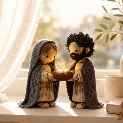 Christmas Crochet Set, Handmade Holy Family, Christmas Nativity Scene, Catholic Christmas Decoration, Christianity Gift Day, Display Shelf