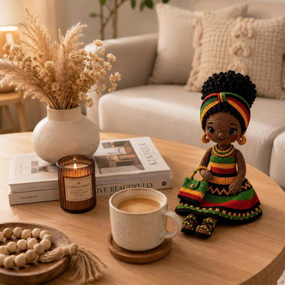Handmade Crochet Afro Girl Doll, Black Amigurumi Doll, African Inspired Soft Toy, Personalized Crochet Gift, Nursery Decor, Baby Shower Gift