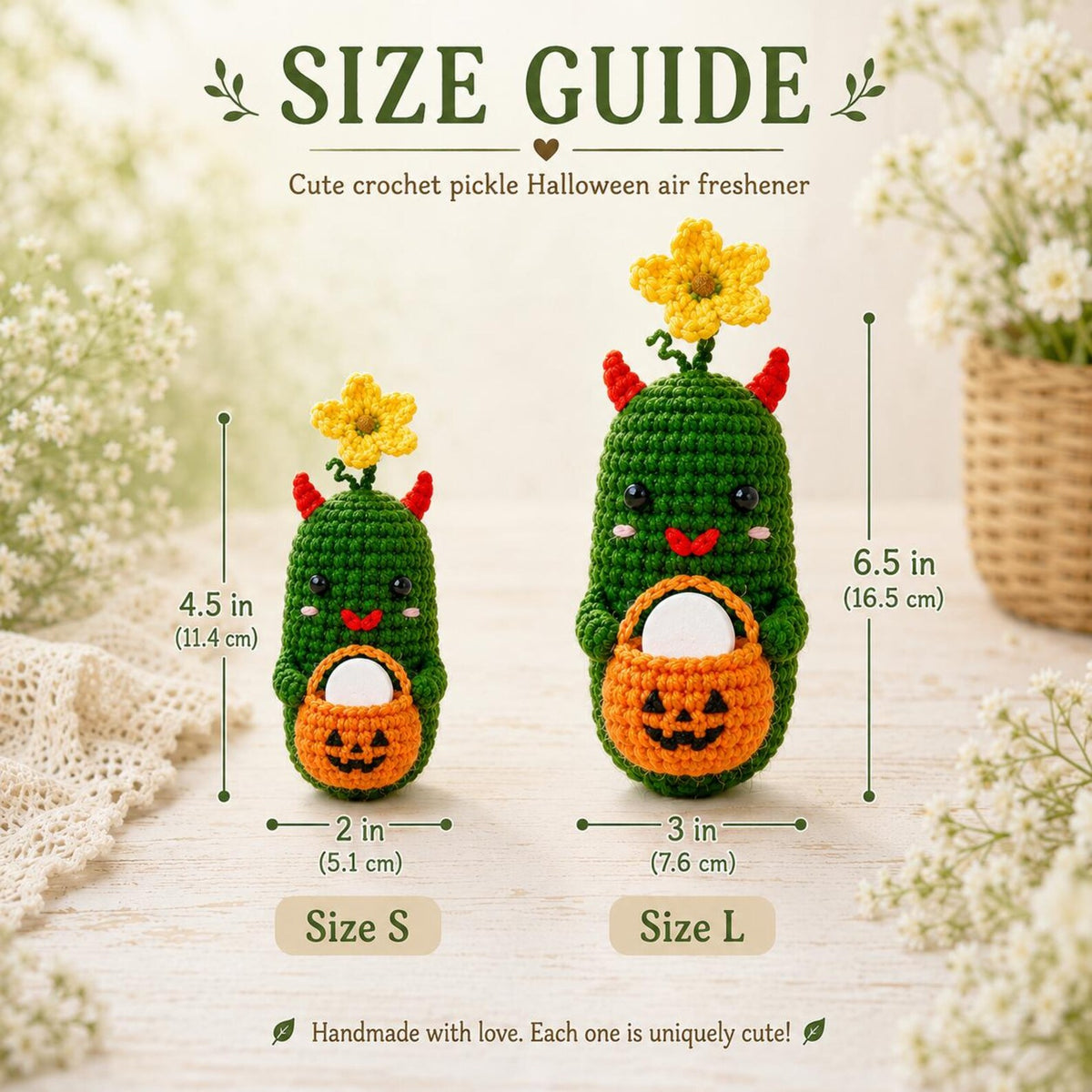 Crochet Halloween Pickle with Pumpkin Bucket Fragrance Holder, Cute Devil Amigurumi Desk Decor, Handmade Funny Halloween Gift