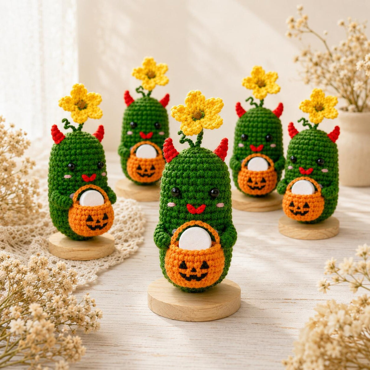 Crochet Halloween Pickle with Pumpkin Bucket Fragrance Holder, Cute Devil Amigurumi Desk Decor, Handmade Funny Halloween Gift