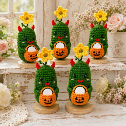 Crochet Halloween Pickle with Pumpkin Bucket Fragrance Holder, Cute Devil Amigurumi Desk Decor, Handmade Funny Halloween Gift
