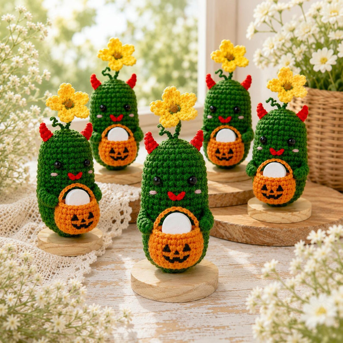 Crochet Halloween Pickle with Pumpkin Bucket Fragrance Holder, Cute Devil Amigurumi Desk Decor, Handmade Funny Halloween Gift