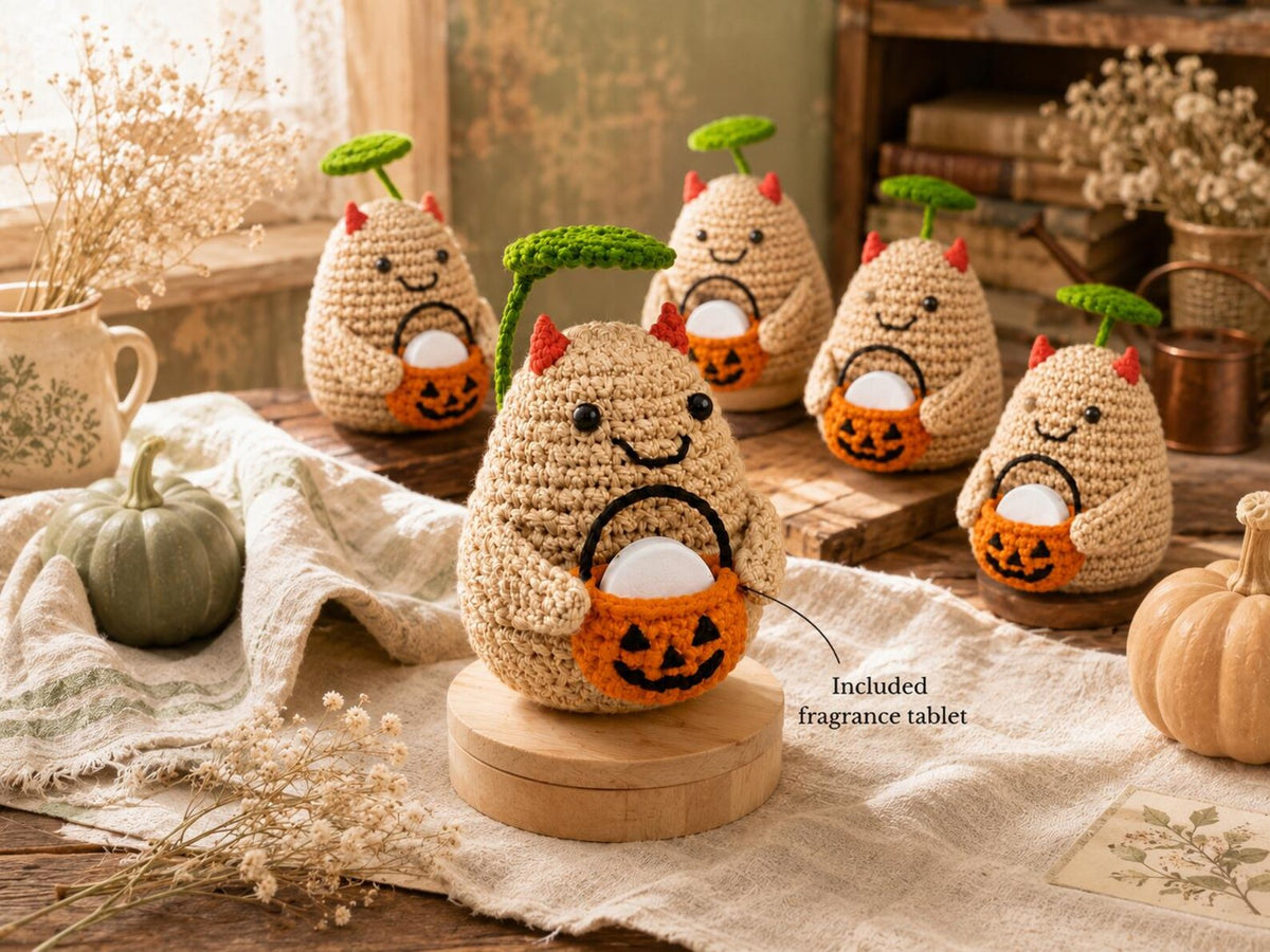 Crochet Halloween Potato with Pumpkin Bucket Fragrance Holder, Cute Devil Amigurumi Desk Decor, Potato Lover Gift