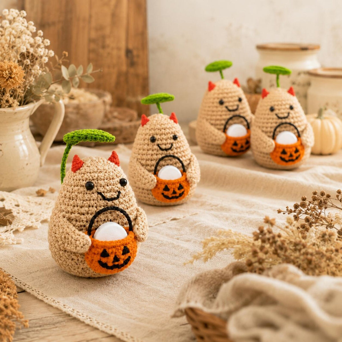 Crochet Halloween Potato with Pumpkin Bucket Fragrance Holder, Cute Devil Amigurumi Desk Decor, Potato Lover Gift