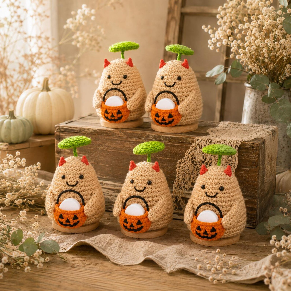Crochet Halloween Potato with Pumpkin Bucket Fragrance Holder, Cute Devil Amigurumi Desk Decor, Potato Lover Gift