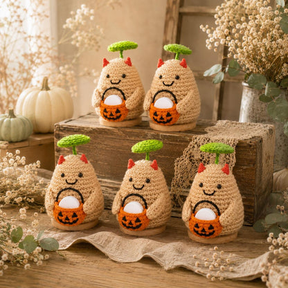 Crochet Halloween Potato with Pumpkin Bucket Fragrance Holder, Cute Devil Amigurumi Desk Decor, Potato Lover Gift