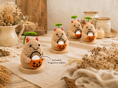 Crochet Halloween Potato with Pumpkin Bucket Fragrance Holder, Cute Devil Amigurumi Desk Decor, Potato Lover Gift