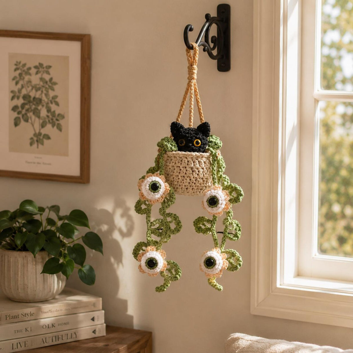 Crochet Halloween Black Cat Plant Car Hanging, Eyeball Flower Plant Car Charm, Spooky Cute Halloween Car Decor, Plant Lover Gift