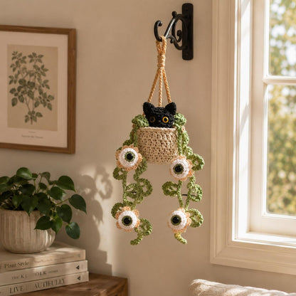 Crochet Halloween Black Cat Plant Car Hanging, Eyeball Flower Plant Car Charm, Spooky Cute Halloween Car Decor, Plant Lover Gift