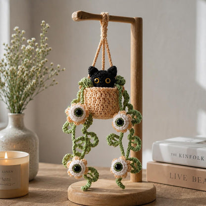 Crochet Halloween Black Cat Plant Car Hanging, Eyeball Flower Plant Car Charm, Spooky Cute Halloween Car Decor, Plant Lover Gift