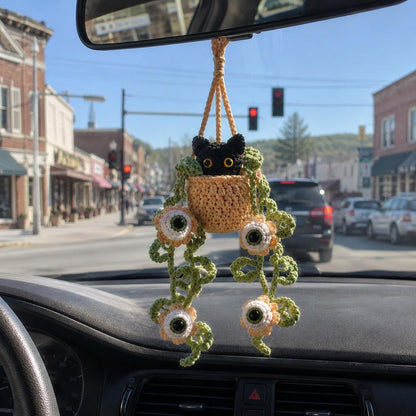 Crochet Halloween Black Cat Plant Car Hanging, Eyeball Flower Plant Car Charm, Spooky Cute Halloween Car Decor, Plant Lover Gift