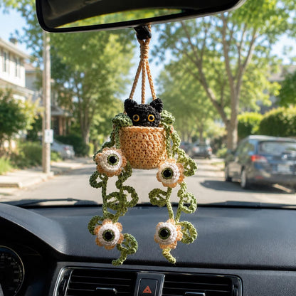 Crochet Halloween Black Cat Plant Car Hanging, Eyeball Flower Plant Car Charm, Spooky Cute Halloween Car Decor, Plant Lover Gift