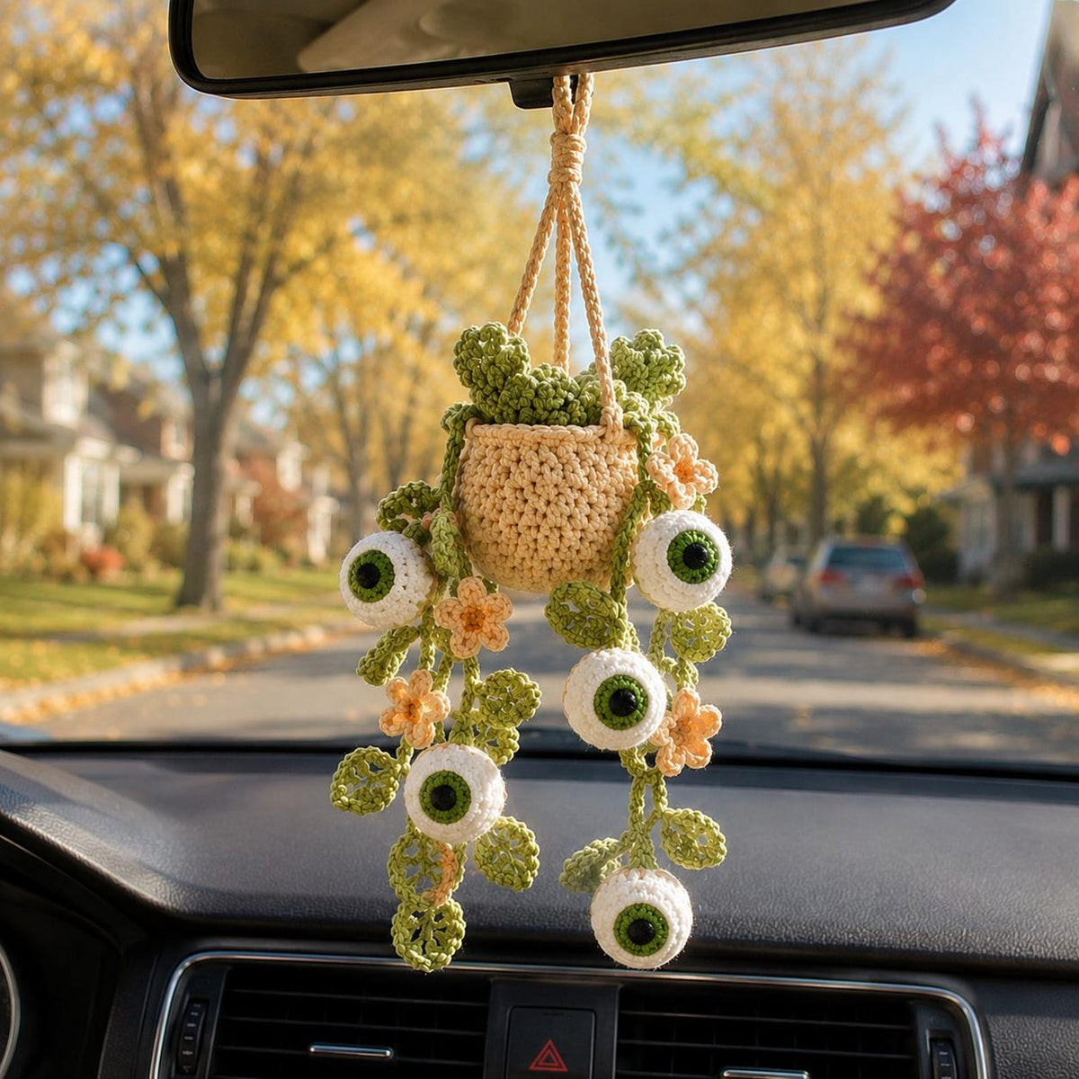 Crochet Halloween Eyeball Plant Car Hanging, Spooky Cute Rearview Mirror Charm, Halloween Car Decor, Handmade Halloween Car Accessory Gift