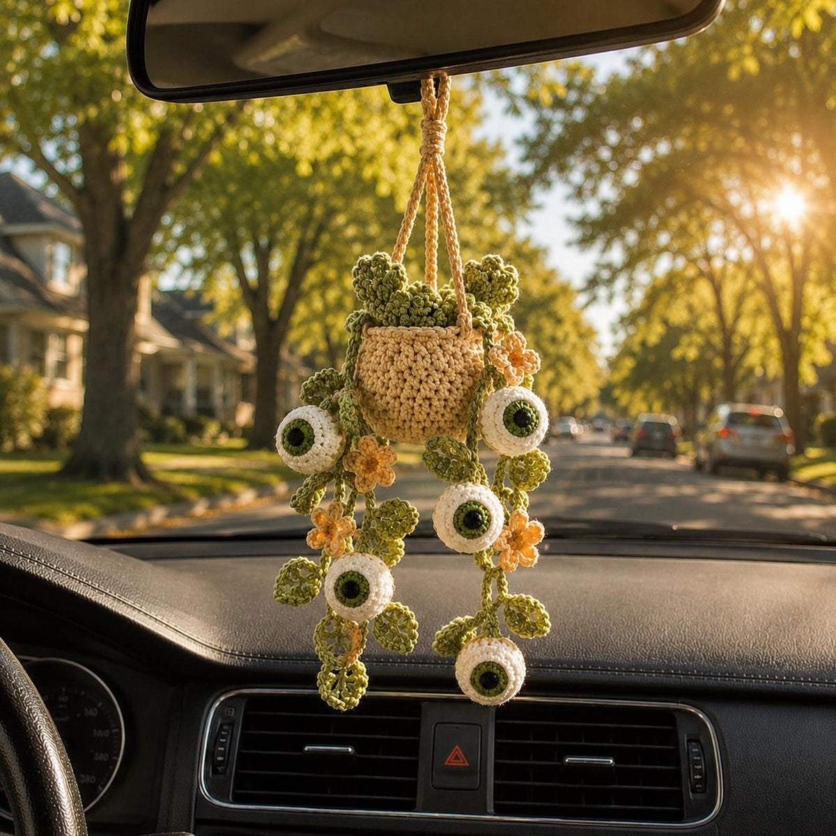 Crochet Halloween Eyeball Plant Car Hanging, Spooky Cute Rearview Mirror Charm, Halloween Car Decor, Handmade Halloween Car Accessory Gift