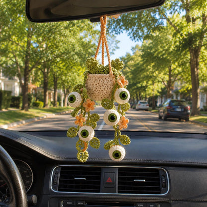 Crochet Halloween Eyeball Plant Car Hanging, Spooky Cute Rearview Mirror Charm, Halloween Car Decor, Handmade Halloween Car Accessory Gift