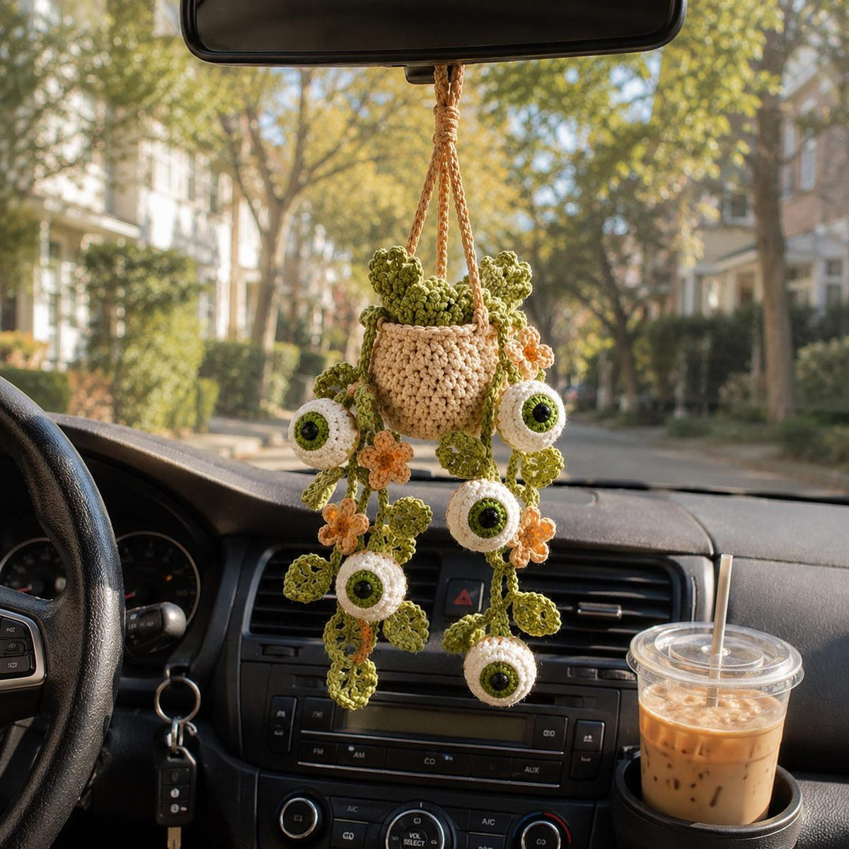 Crochet Halloween Eyeball Plant Car Hanging, Spooky Cute Rearview Mirror Charm, Halloween Car Decor, Handmade Halloween Car Accessory Gift