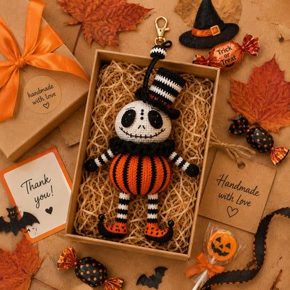 Handmade Crochet Halloween Pumpkin Doll, Cute Car Rearview Mirror Charm, Amigurumi Backpack Bag Charm, Spooky Fall Gift Decor
