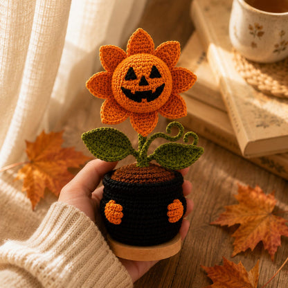 Handmade Crochet Pumpkin Flower Pot, Halloween Jack O Lantern Decor, Cute Amigurumi Fall Desk Decor, Cozy Autumn Home Decoration Gift
