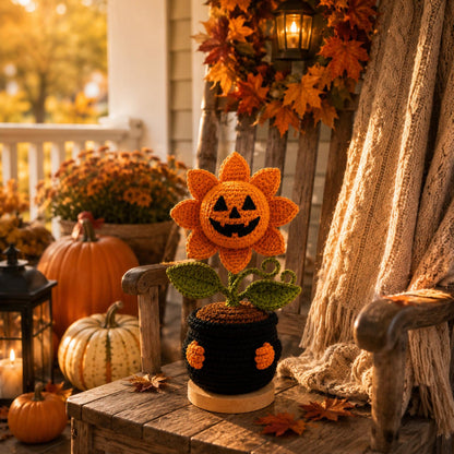 Handmade Crochet Pumpkin Flower Pot, Halloween Jack O Lantern Decor, Cute Amigurumi Fall Desk Decor, Cozy Autumn Home Decoration Gift