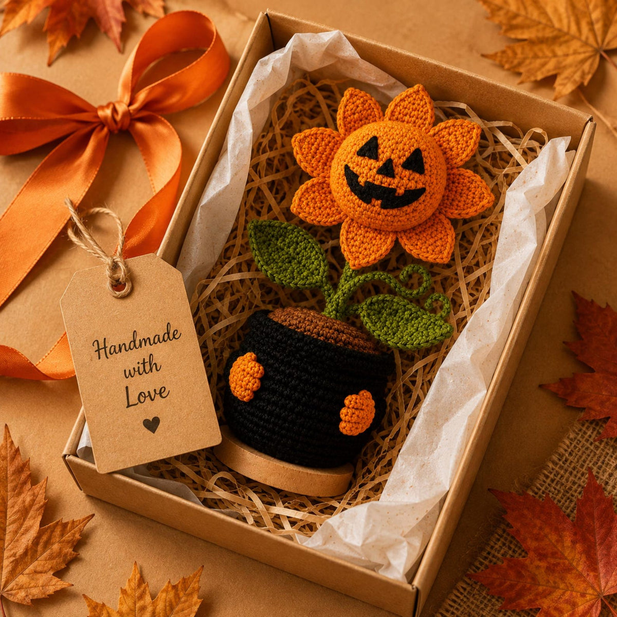 Handmade Crochet Pumpkin Flower Pot, Halloween Jack O Lantern Decor, Cute Amigurumi Fall Desk Decor, Cozy Autumn Home Decoration Gift