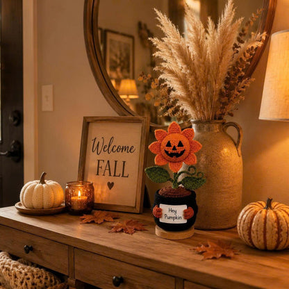 Handmade Crochet Pumpkin Flower Pot, Halloween Jack O Lantern Decor, Cute Amigurumi Fall Desk Decor, Cozy Autumn Home Decoration Gift