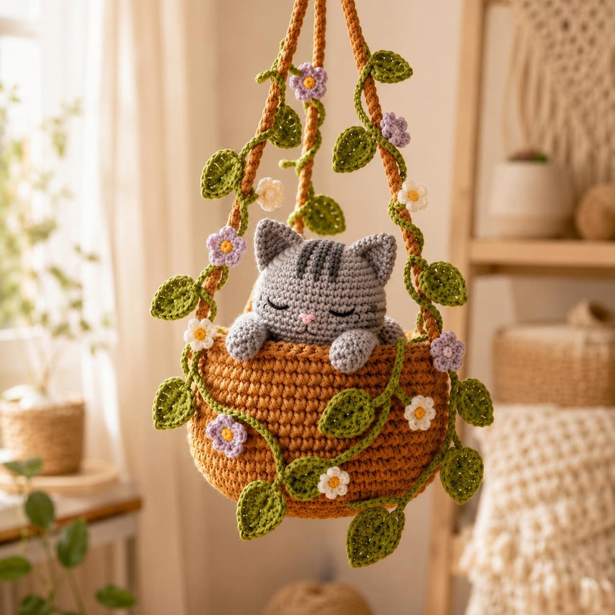 Crochet Calico Cat Hanging Plant Pot, Cute Kitten in Basket, Cat Plant Wall Decor, Unique Handcrafted Cat Lover Gift, Gift For Her