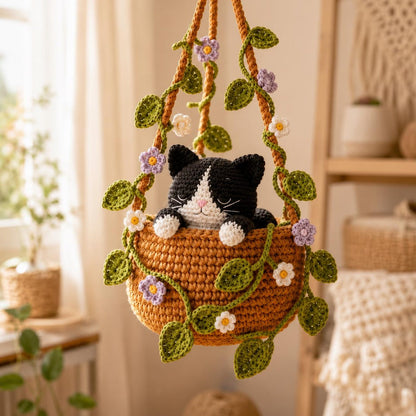 Crochet Calico Cat Hanging Plant Pot, Cute Kitten in Basket, Cat Plant Wall Decor, Unique Handcrafted Cat Lover Gift, Gift For Her