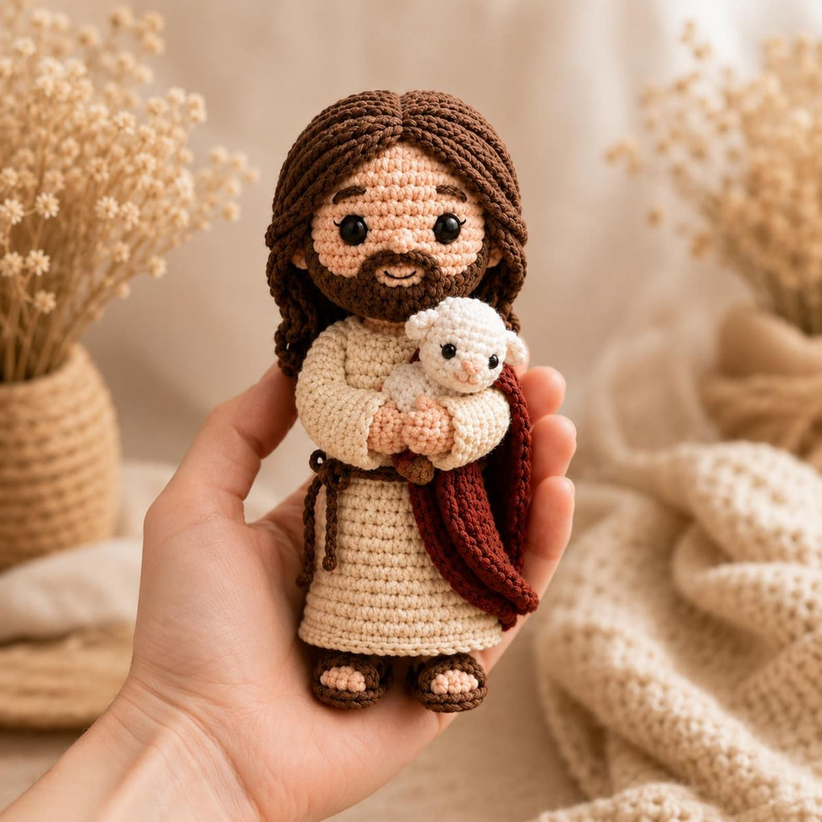 Jesus Crochet Doll with Lamb, Good Shepherd Amigurumi, Handmade Catholic Gift, Christian Nursery Decor, First Communion Baptism Gift