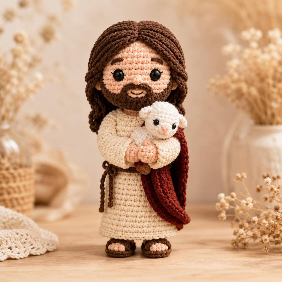 Jesus Crochet Doll with Lamb, Good Shepherd Amigurumi, Handmade Catholic Gift, Christian Nursery Decor, First Communion Baptism Gift