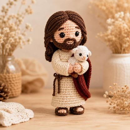 Jesus Crochet Doll with Lamb, Good Shepherd Amigurumi, Handmade Catholic Gift, Christian Nursery Decor, First Communion Baptism Gift