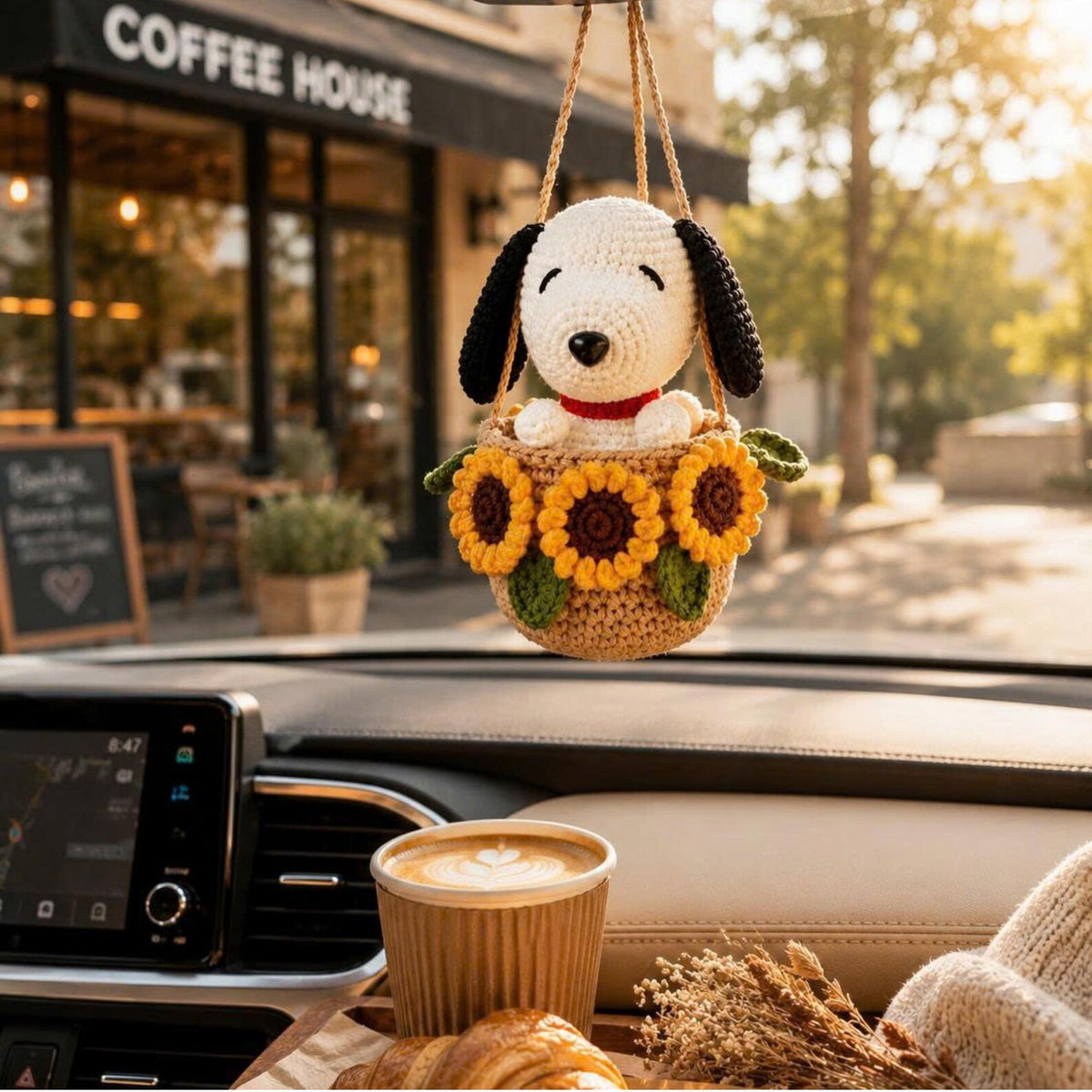 Handmade Crochet Dog Car Hanging, Cute Puppy Rearview Mirror Charm, Sunflower Basket Ornament, Amigurumi Car Accessory, Gift for Dog Lovers