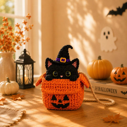 Halloween Cat Car Mirror Hanger, Crochet Pumpkin Cat Ornament, Handmade Rearview Mirror Decor, Witch Cat Car Charm, Halloween Hanging Decor