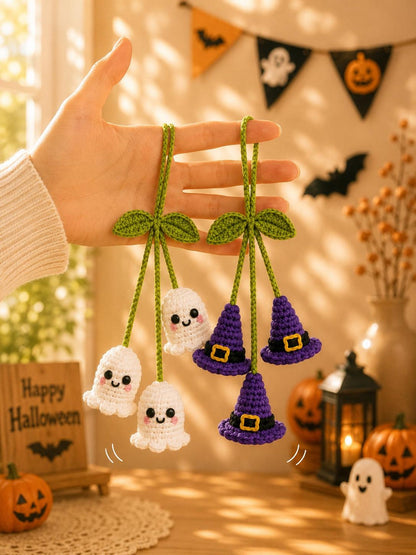 Halloween Crochet Car Charm, Ghost Pumpkin Bat Witch Hat Rear View Mirror Hanging,Halloween Car Accessory, Handmade Gift, Backpack Accessory