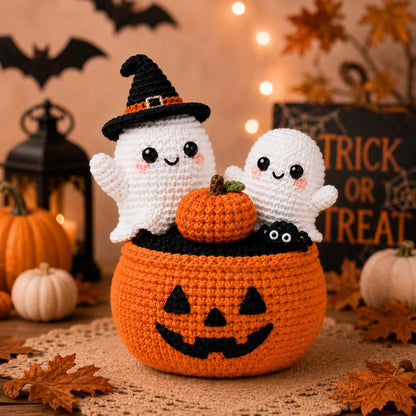 Handmade Crochet Halloween Pumpkin Pot, Cute Ghost Amigurumi Decor, Crochet Ghost with Witch Hat, Halloween Desk Decoration, Spooky Gift