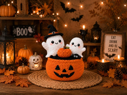 Handmade Crochet Halloween Pumpkin Pot, Cute Ghost Amigurumi Decor, Crochet Ghost with Witch Hat, Halloween Desk Decoration, Spooky Gift