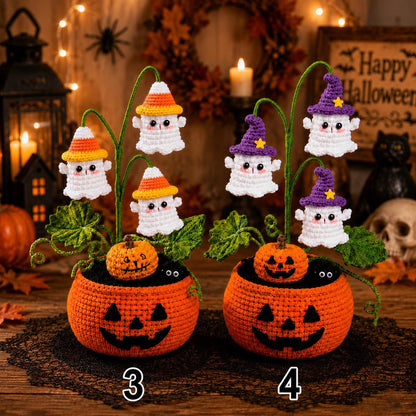 Crochet Halloween Pumpkin Ghost Pot, Spooky Pumpkin Decor, Ghost Flower Pot,Halloween Desk Decor, Halloween Gift, Handmade Gothic Home Decor
