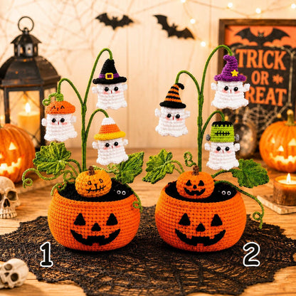 Crochet Halloween Pumpkin Ghost Pot, Spooky Pumpkin Decor, Ghost Flower Pot,Halloween Desk Decor, Halloween Gift, Handmade Gothic Home Decor