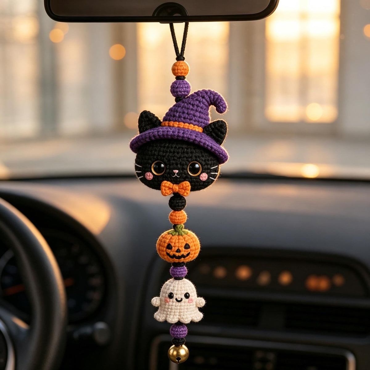 Handmade Crochet Halloween Car Charm, Cute Spooky Rearview Mirror Hanger, Thoughtful Fall Gift for Friends and Drivers