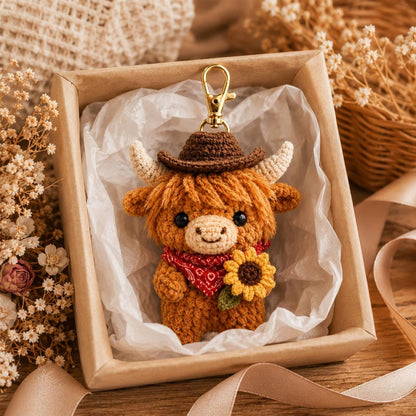 Crochet Highland Cow Keychain, Cowboy Cow Plush with Sunflower, Cute Car Mirror Hanging Charm, Farmhouse Bag Clip, Country Gift for Her