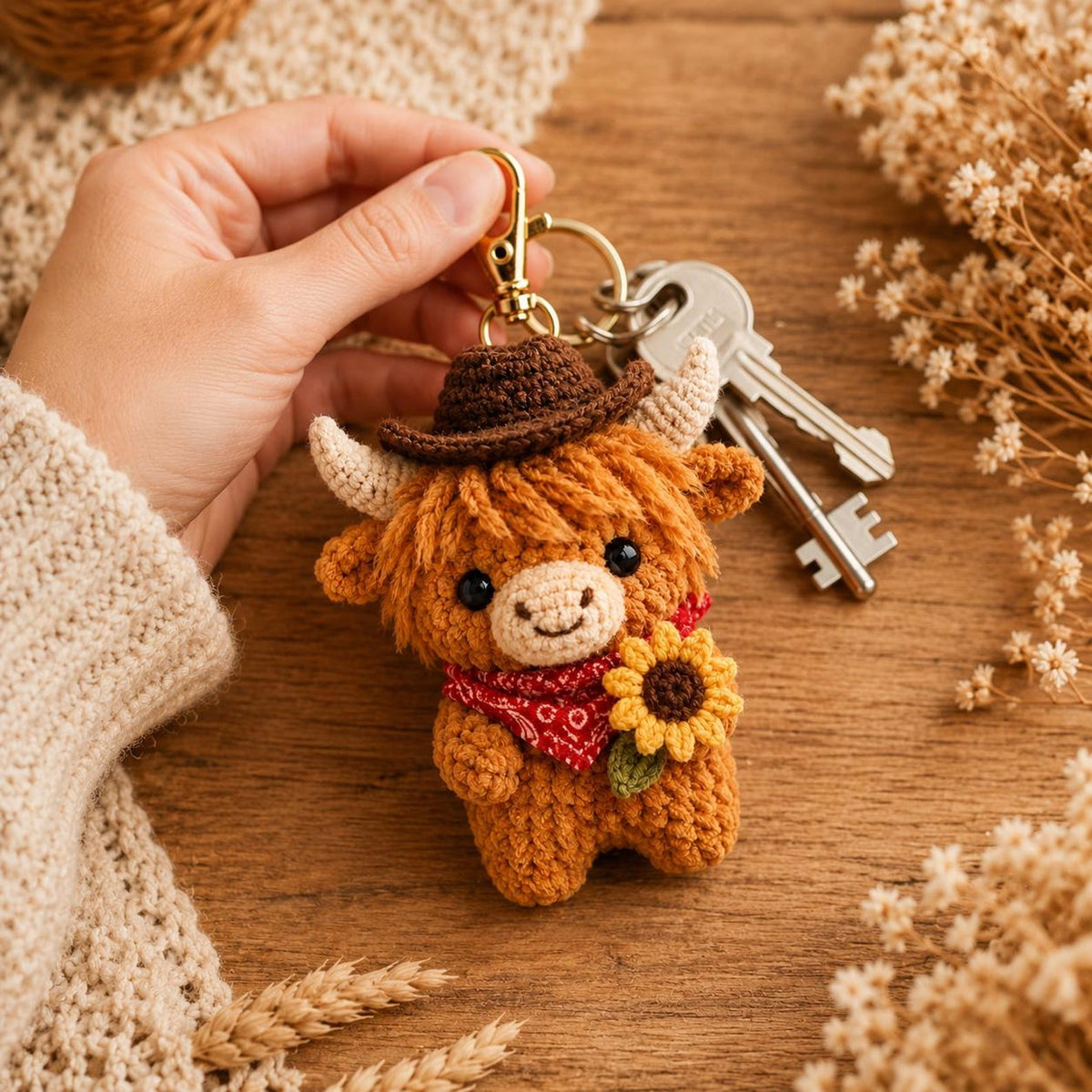 Crochet Highland Cow Keychain, Cowboy Cow Plush with Sunflower, Cute Car Mirror Hanging Charm, Farmhouse Bag Clip, Country Gift for Her