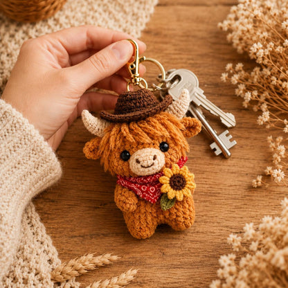 Crochet Highland Cow Keychain, Cowboy Cow Plush with Sunflower, Cute Car Mirror Hanging Charm, Farmhouse Bag Clip, Country Gift for Her
