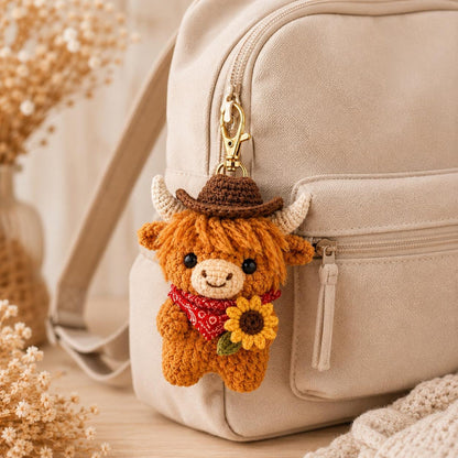 Crochet Highland Cow Keychain, Cowboy Cow Plush with Sunflower, Cute Car Mirror Hanging Charm, Farmhouse Bag Clip, Country Gift for Her