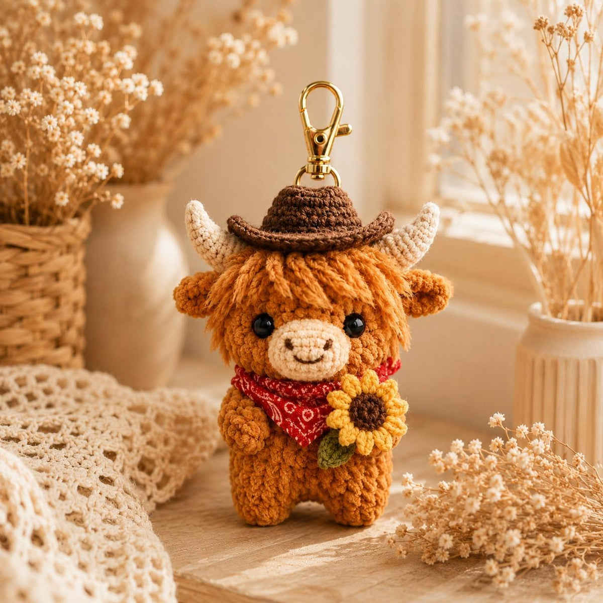 Crochet Highland Cow Keychain, Cowboy Cow Plush with Sunflower, Cute Car Mirror Hanging Charm, Farmhouse Bag Clip, Country Gift for Her