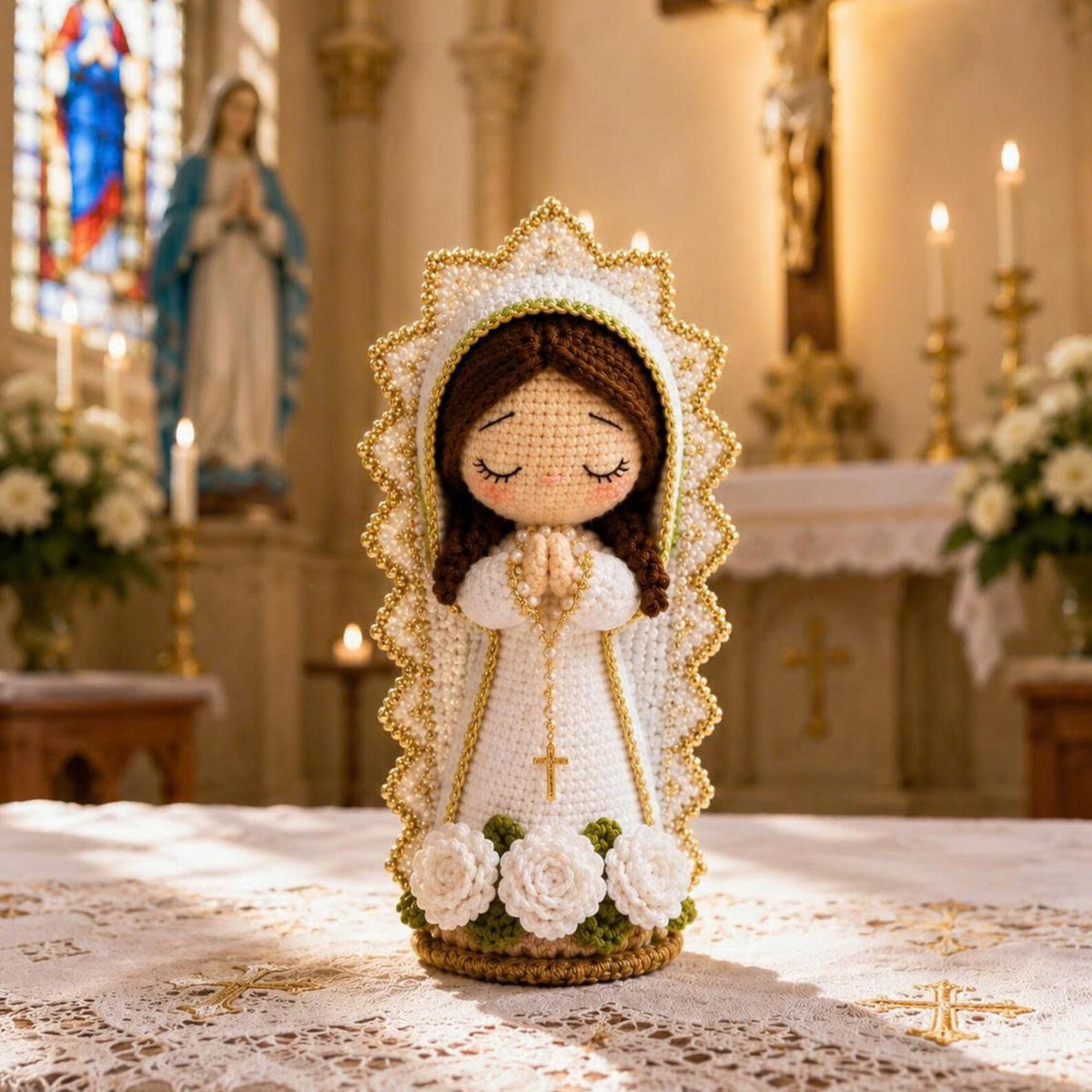 Handmade Crochet Virgin Mary Doll, Catholic Home Decor, Our Lady Amigurumi, Prayer Room Ornament, Christian Gift for Women