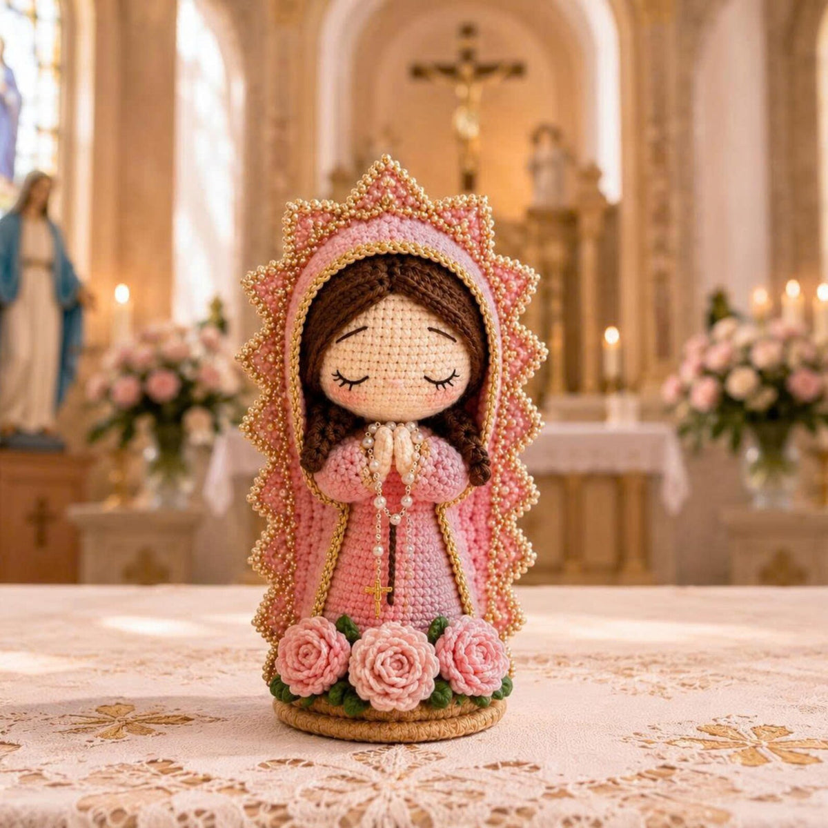 Handmade Crochet Virgin Mary Doll, Catholic Home Decor, Our Lady Amigurumi, Prayer Room Ornament, Christian Gift for Women