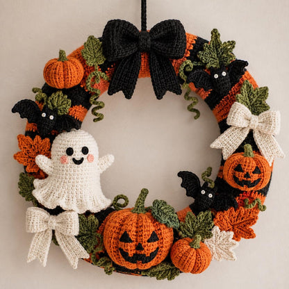 Crochet Halloween Wreath, Handmade Ghost Pumpkin Bat Door Decor, Halloween Welcome Door Sign, Halloween Door Hanger