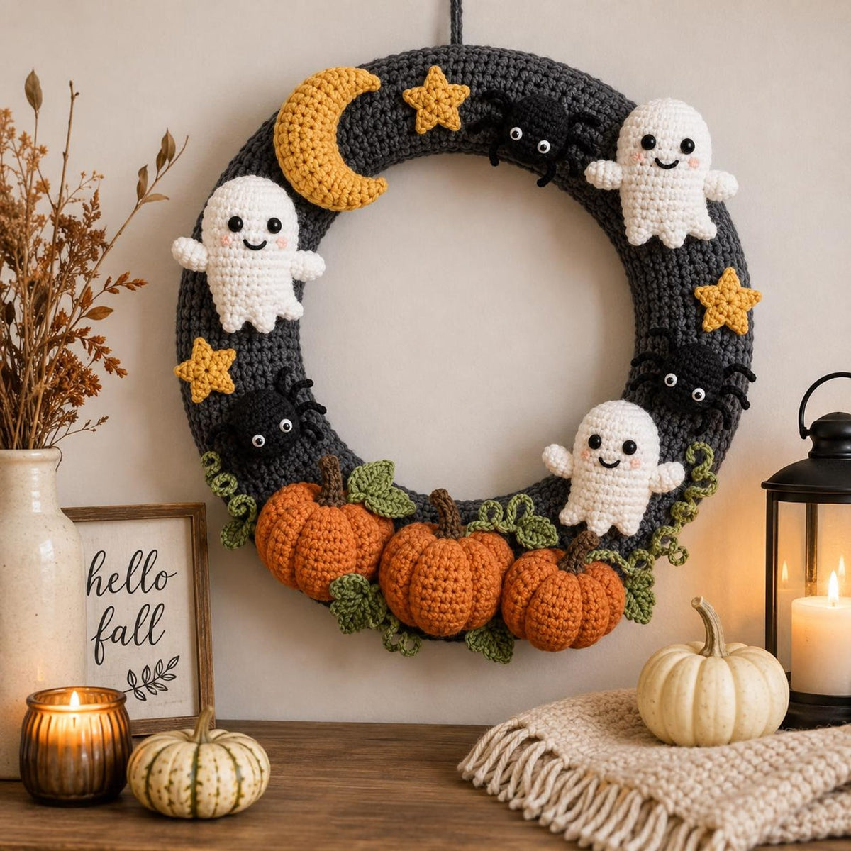 Crochet Halloween Wreath, Handmade Ghost Pumpkin Bat Door Decor, Halloween Welcome Door Sign, Halloween Door Hanger
